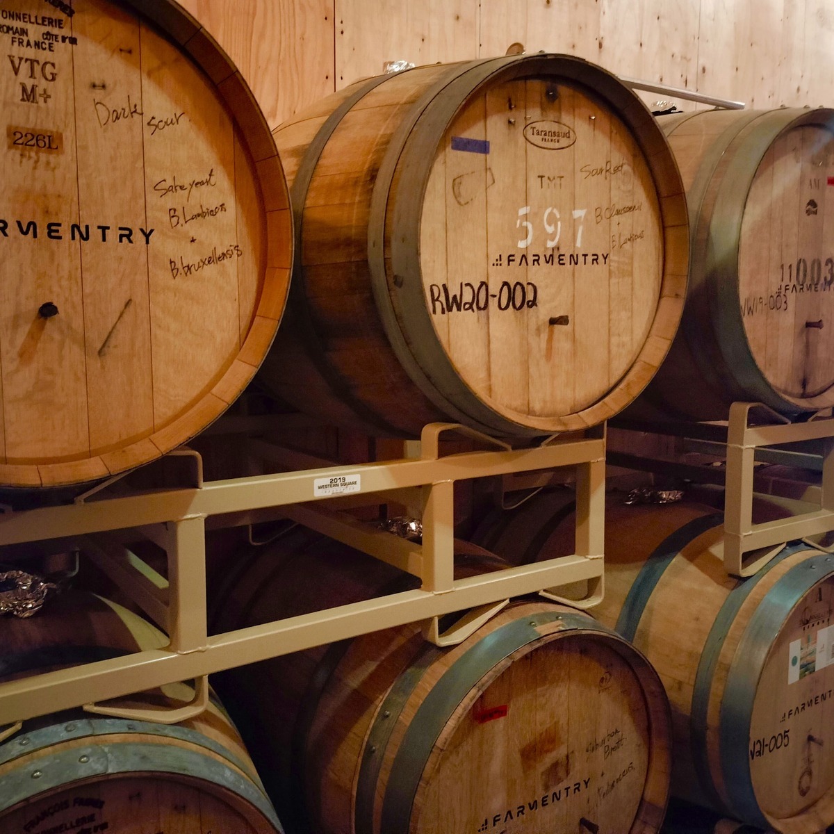 二次発酵を行う木樽。今ここに入っているビールは、春ごろに完成予定とのこと